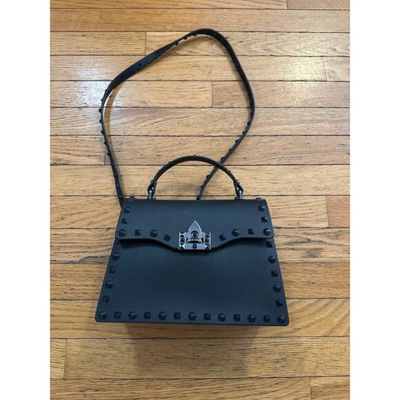 Black Studded Leather Top Handle Crossbody Bag – Rock-Chic Satchel - Picture 2 of 8